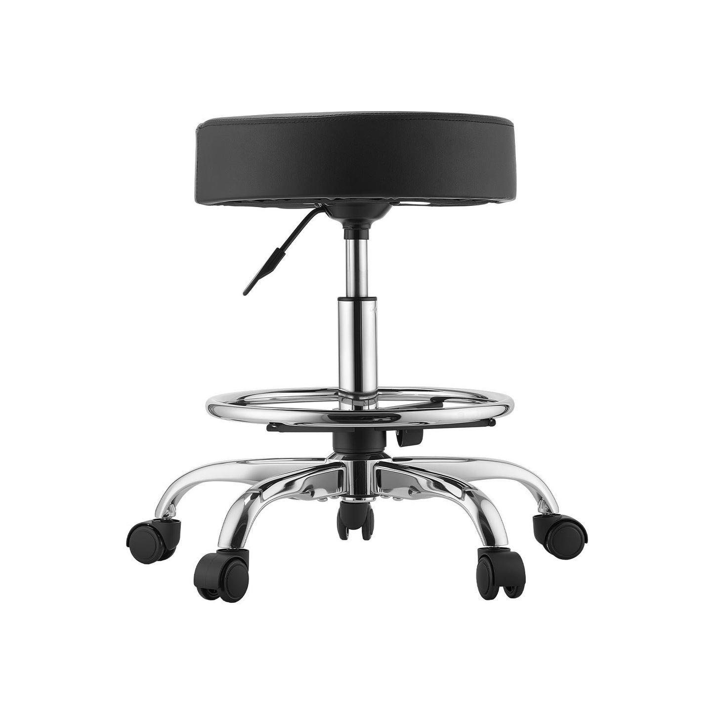 Rolling Stool with Wheels Footrest, 226.8kg Weight Capacity, Height Adjustable, Thick Cushion Ergonomic PU Leather Seat, 360° Swivel Round Rolling Stool Chair for Salon, Clinic, Medical, Black