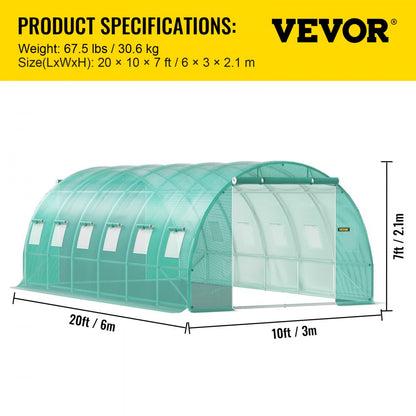 VEVOR Walk-in Tunnel Greenhouse Galvanized Frame Waterproof Cover 20x10x7 ft