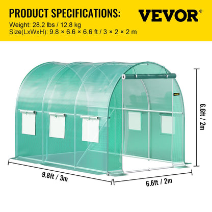 Portable Walk-In Tunnel Greenhouse, 3 x 2 x 2 m with Zipper Door & Windows