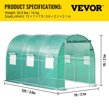 Walk-in Tunnel Greenhouse with Galvanized Frame & PE Cover, 3.7 x 2.1 x 2.1 m