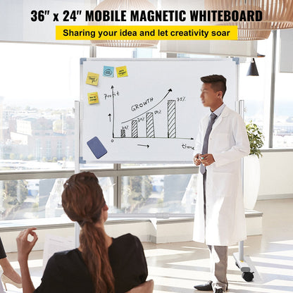 Mobile Double-Sided Magnetic Whiteboard with Stand, 60 x 90 cm, Adjustable Height