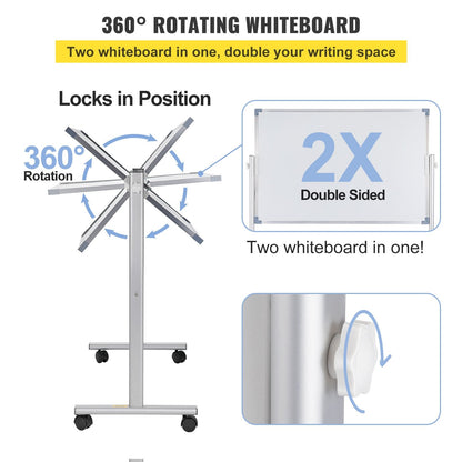 Mobile Double-Sided Magnetic Whiteboard with Stand, 60 x 90 cm, Adjustable Height