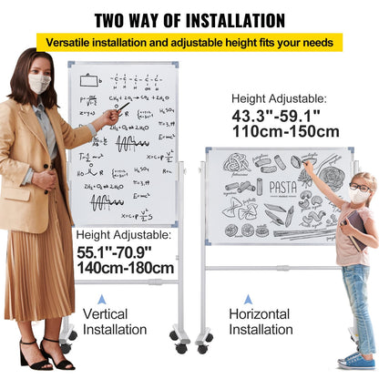Mobile Double-Sided Magnetic Whiteboard with Stand, 60 x 90 cm, Adjustable Height