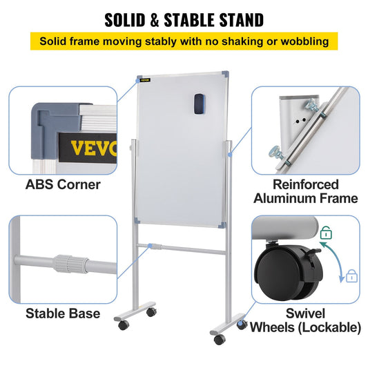 Mobile Double-Sided Magnetic Whiteboard with Stand, 60 x 90 cm, Adjustable Height