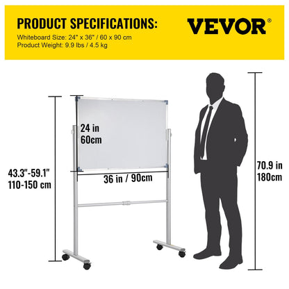Mobile Double-Sided Magnetic Whiteboard with Stand, 60 x 90 cm, Adjustable Height