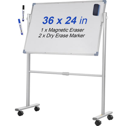 Mobile Double-Sided Magnetic Whiteboard with Stand, 60 x 90 cm, Adjustable Height