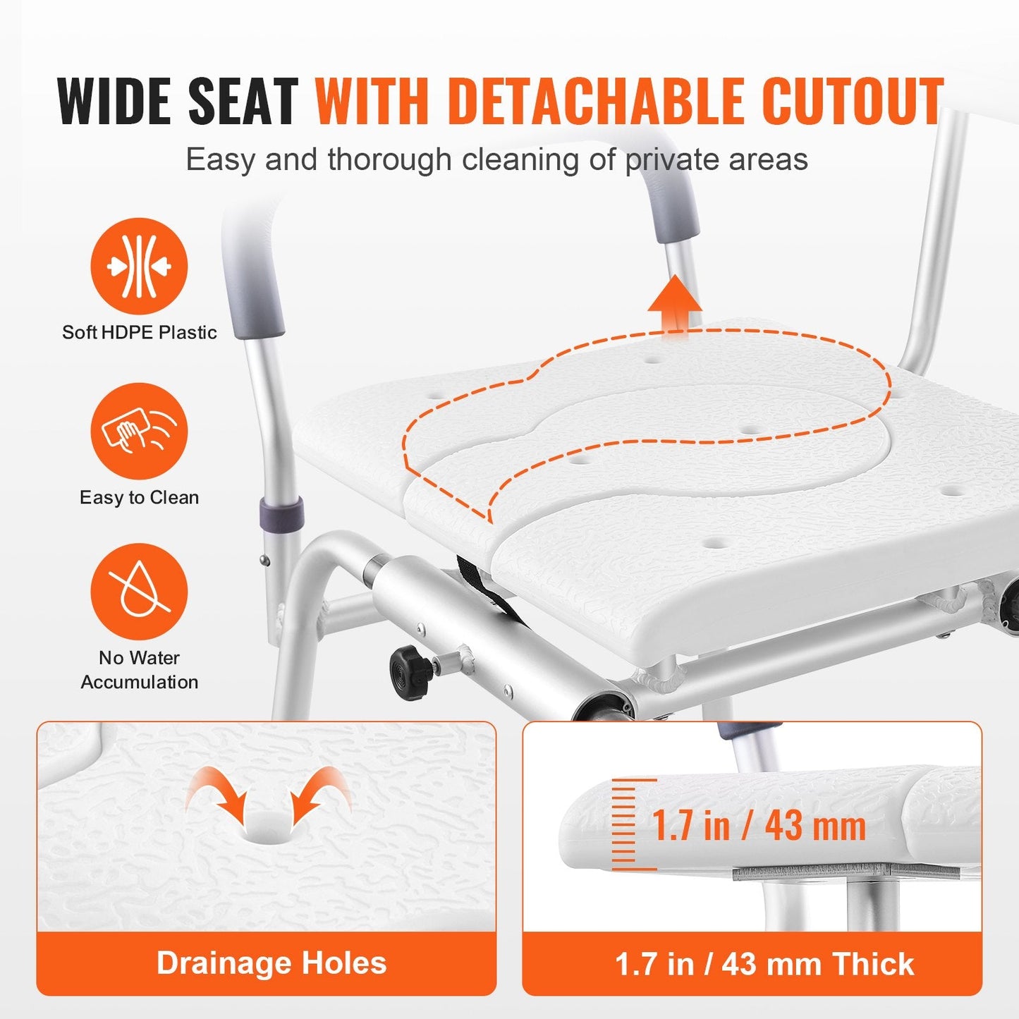 Adjustable Sliding Shower Chair with Reversible Backrest, 180 kg Capacity