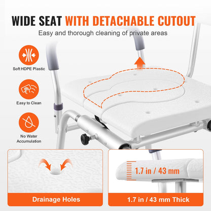 Adjustable Sliding Shower Chair with Reversible Backrest, 180 kg Capacity