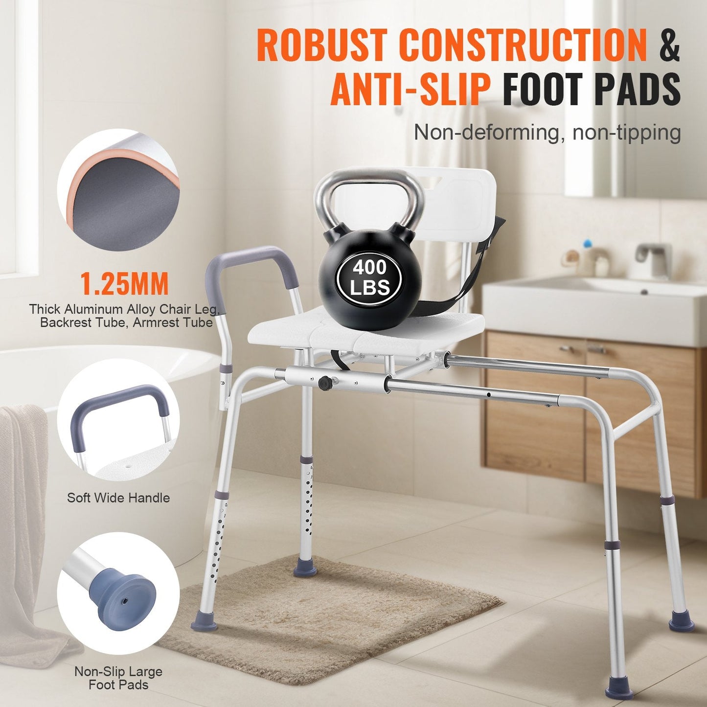 Adjustable Sliding Shower Chair with Reversible Backrest, 180 kg Capacity
