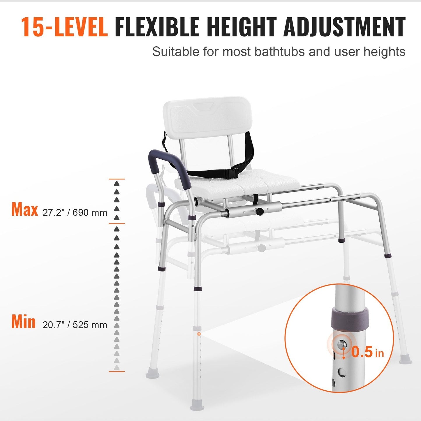 Adjustable Sliding Shower Chair with Reversible Backrest, 180 kg Capacity