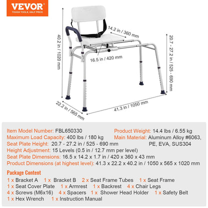Adjustable Sliding Shower Chair with Reversible Backrest, 180 kg Capacity