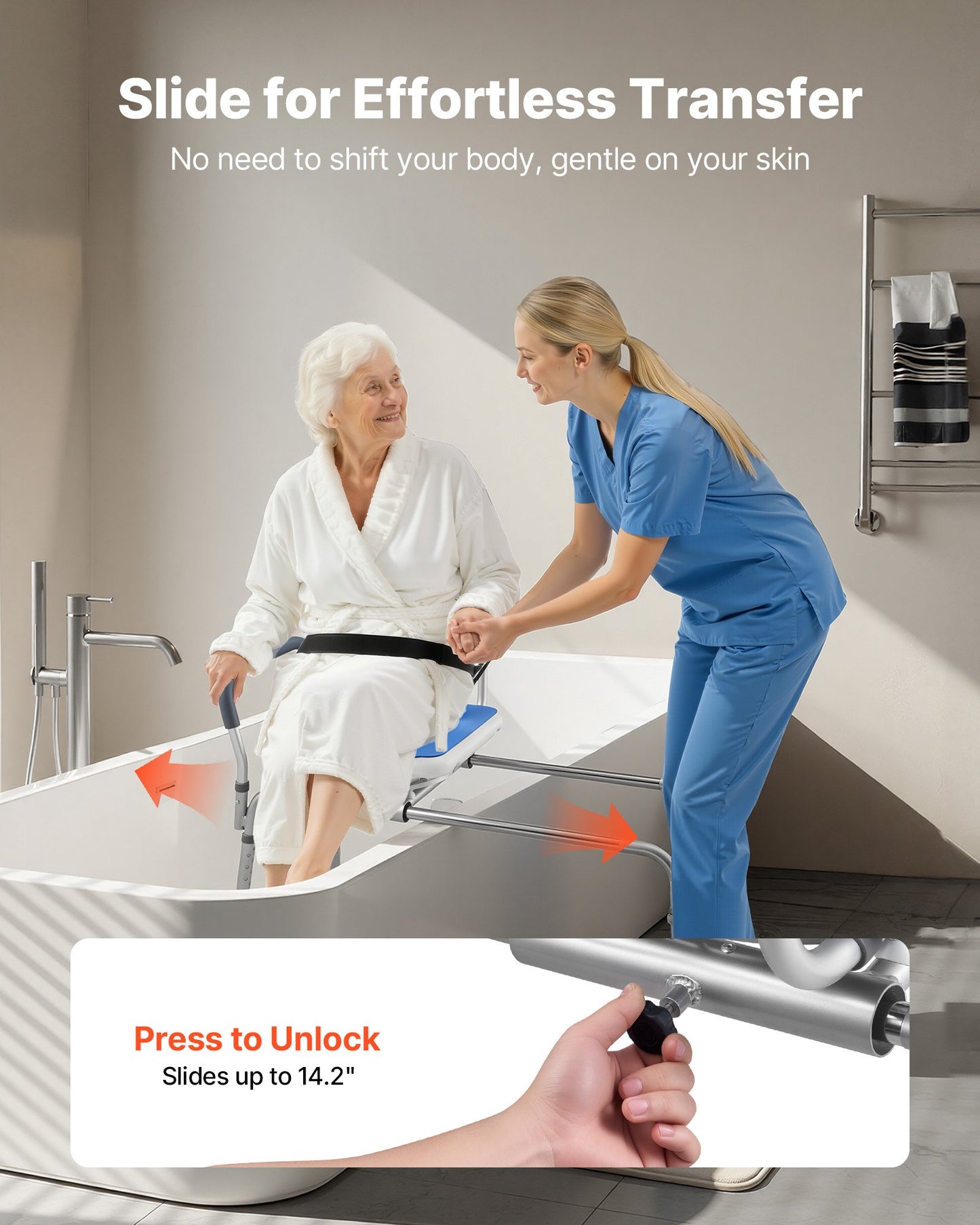 Sliding Shower Chair, 180 kg Tub Transfer Bench for Bathtub with Swivel Seat, Padded Shower Bench with Arms and Backrest, Height Adjustable for Handicap, Adults, Seniors, Elderly and Disabled