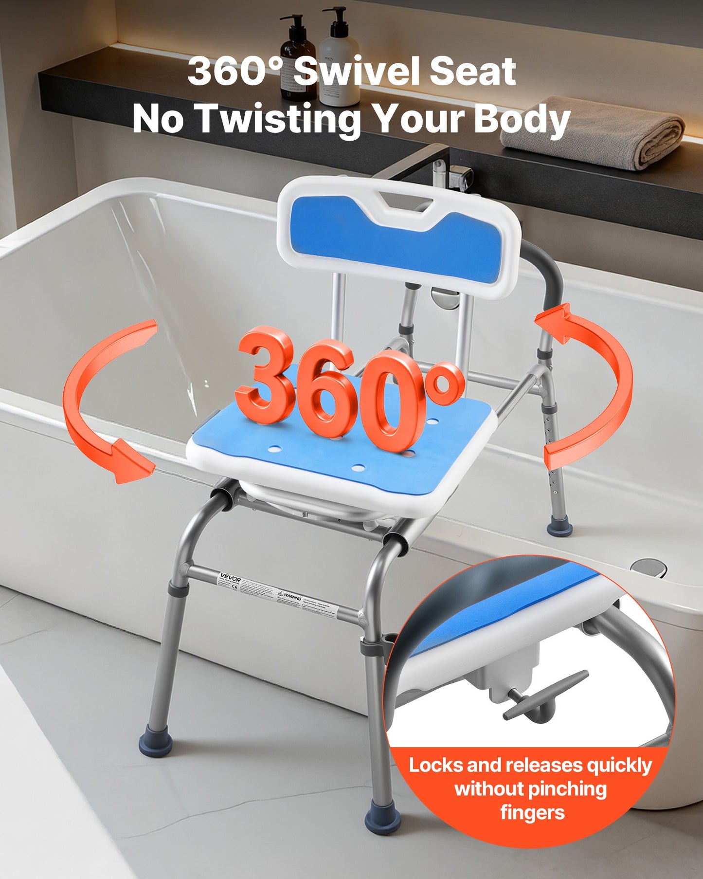 Sliding Shower Chair, 180 kg Tub Transfer Bench for Bathtub with Swivel Seat, Padded Shower Bench with Arms and Backrest, Height Adjustable for Handicap, Adults, Seniors, Elderly and Disabled