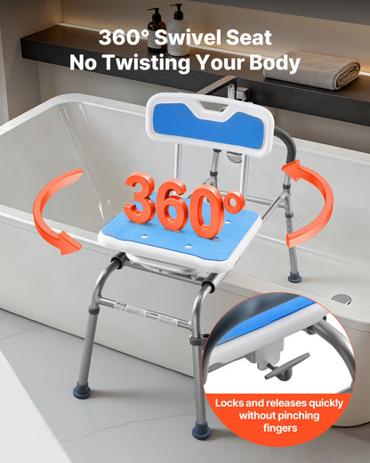 Sliding Shower Chair, 180 kg Tub Transfer Bench for Bathtub with Swivel Seat, Padded Shower Bench with Arms and Backrest, Height Adjustable for Handicap, Adults, Seniors, Elderly and Disabled