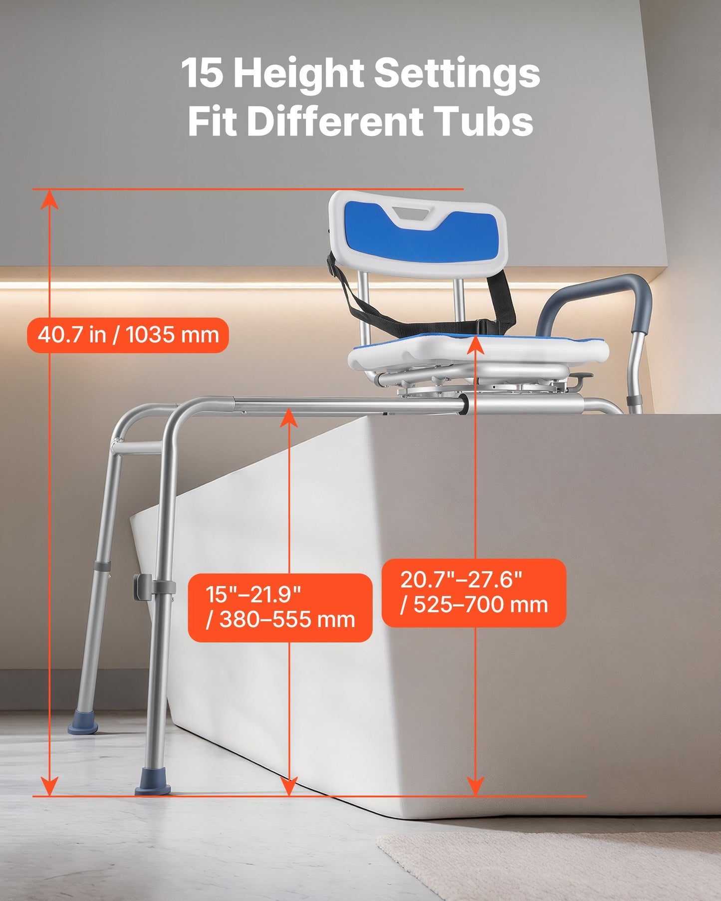 Sliding Shower Chair, 180 kg Tub Transfer Bench for Bathtub with Swivel Seat, Padded Shower Bench with Arms and Backrest, Height Adjustable for Handicap, Adults, Seniors, Elderly and Disabled