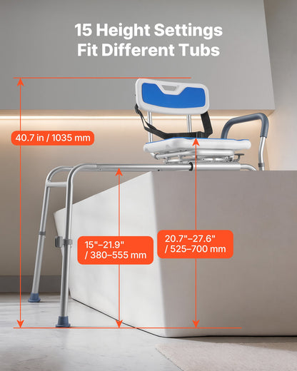 Sliding Shower Chair, 180 kg Tub Transfer Bench for Bathtub with Swivel Seat, Padded Shower Bench with Arms and Backrest, Height Adjustable for Handicap, Adults, Seniors, Elderly and Disabled
