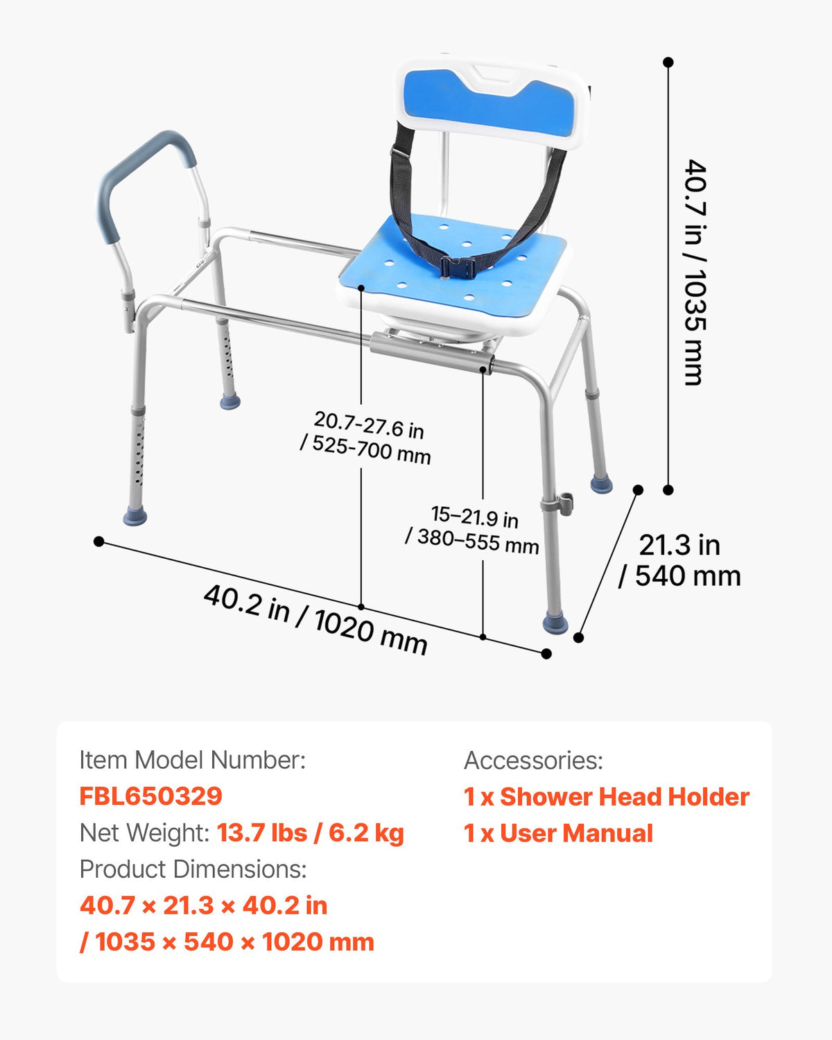 Sliding Shower Chair, 180 kg Tub Transfer Bench for Bathtub with Swivel Seat, Padded Shower Bench with Arms and Backrest, Height Adjustable for Handicap, Adults, Seniors, Elderly and Disabled