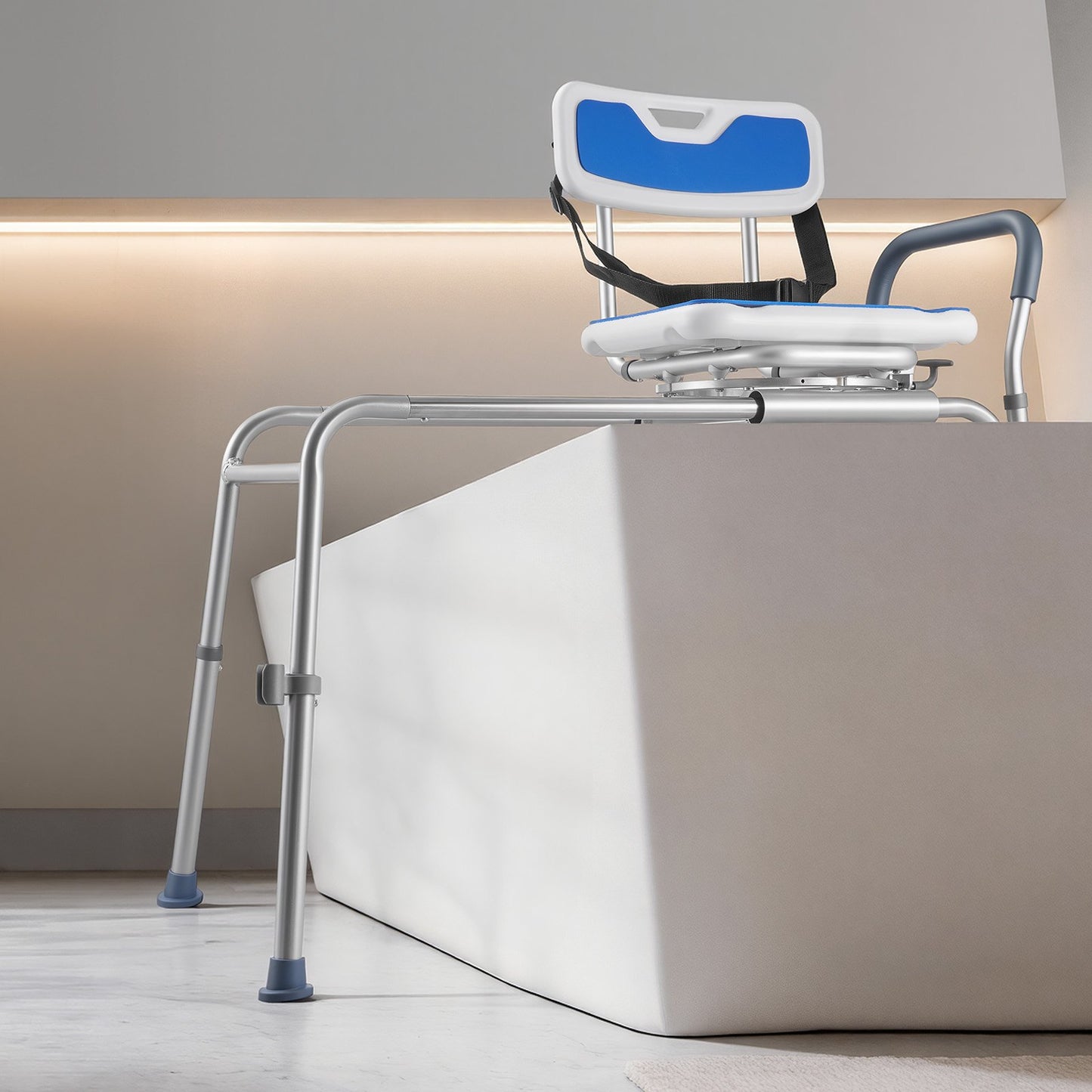 Sliding Shower Chair, 180 kg Tub Transfer Bench for Bathtub with Swivel Seat, Padded Shower Bench with Arms and Backrest, Height Adjustable for Handicap, Adults, Seniors, Elderly and Disabled