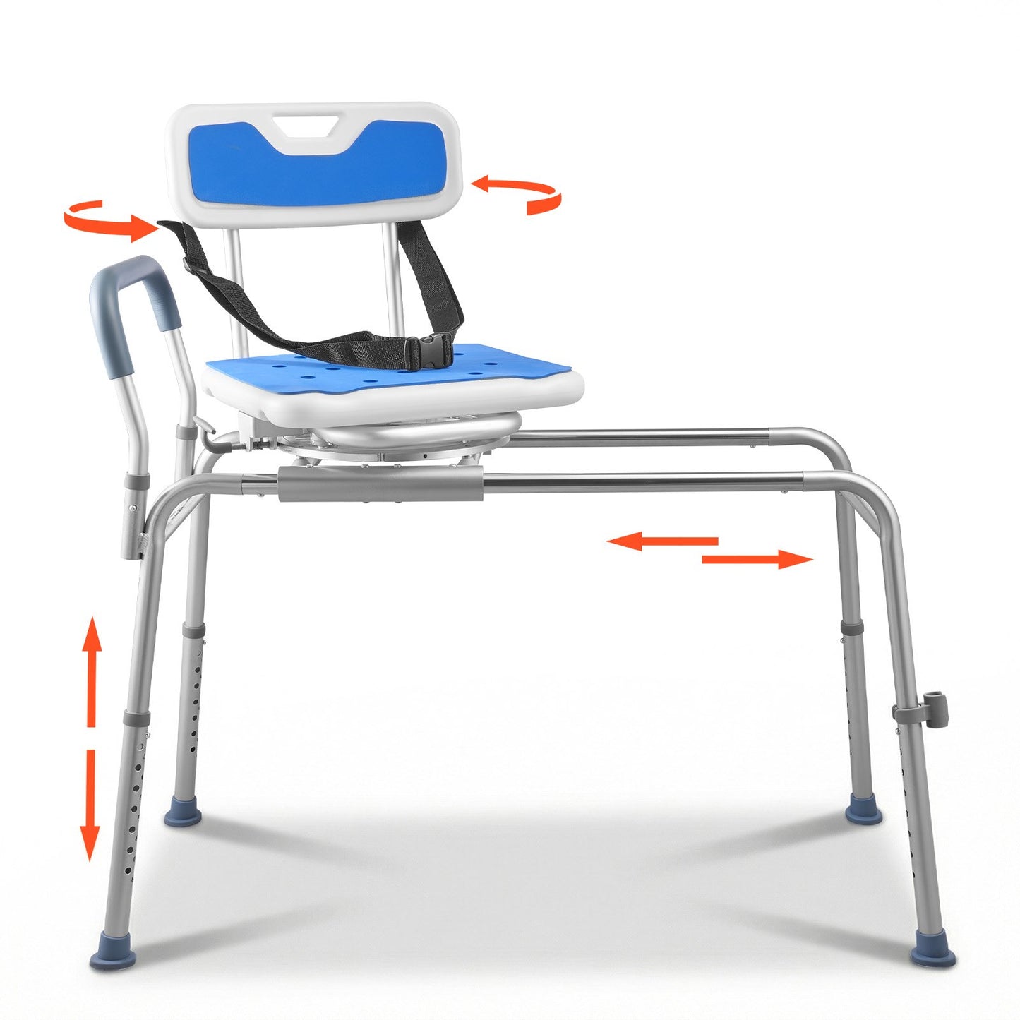 Sliding Shower Chair, 180 kg Tub Transfer Bench for Bathtub with Swivel Seat, Padded Shower Bench with Arms and Backrest, Height Adjustable for Handicap, Adults, Seniors, Elderly and Disabled