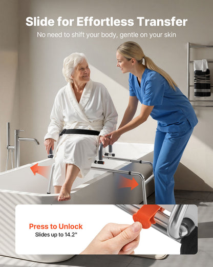 Sliding Shower Chair, 180 kg Tub Transfer Bench for Bathtub with Swivel Seat, Shower Bench with Pivoting Arms and Backrest, Height & Width Adjustable for Handicap, Seniors, Elderly and Disabled