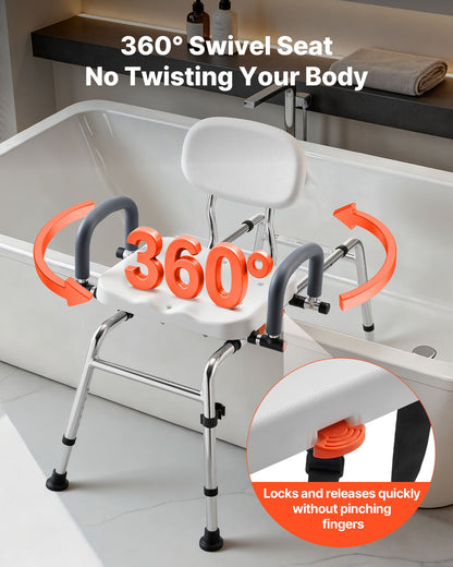 Sliding Shower Chair, 180 kg Tub Transfer Bench for Bathtub with Swivel Seat, Shower Bench with Pivoting Arms and Backrest, Height & Width Adjustable for Handicap, Seniors, Elderly and Disabled