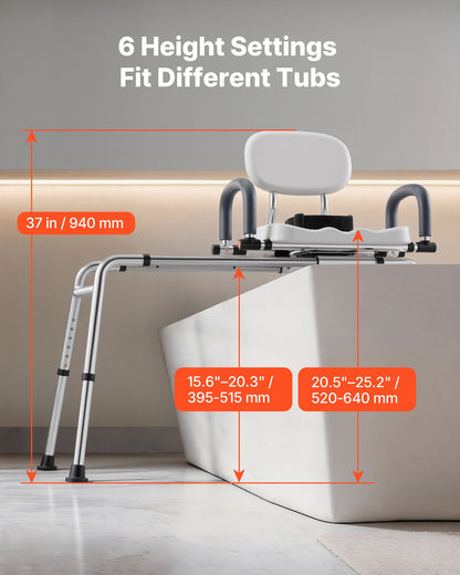 Sliding Shower Chair, 180 kg Tub Transfer Bench for Bathtub with Swivel Seat, Shower Bench with Pivoting Arms and Backrest, Height & Width Adjustable for Handicap, Seniors, Elderly and Disabled