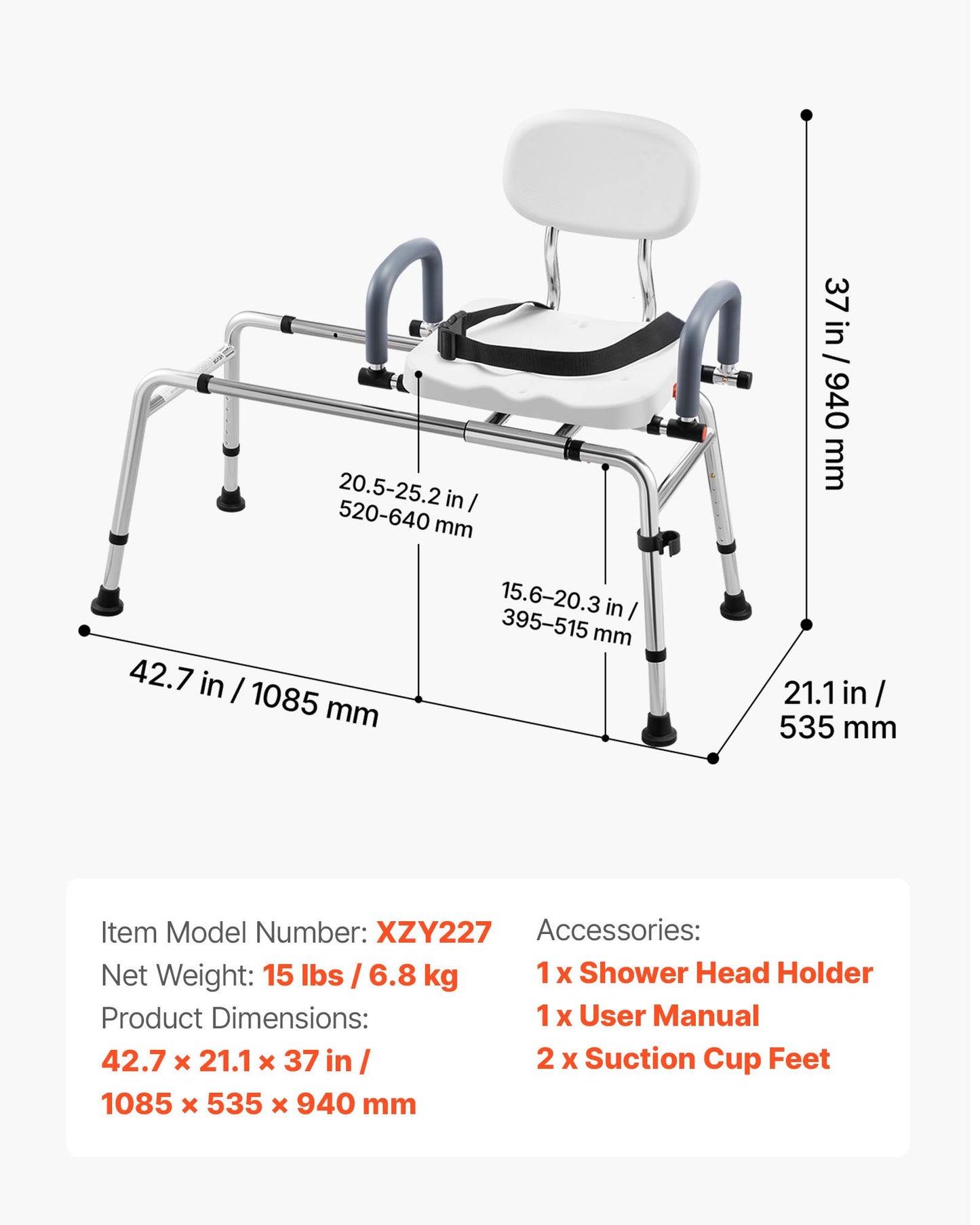 Sliding Shower Chair, 180 kg Tub Transfer Bench for Bathtub with Swivel Seat, Shower Bench with Pivoting Arms and Backrest, Height & Width Adjustable for Handicap, Seniors, Elderly and Disabled