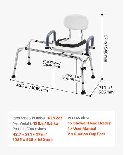 Sliding Shower Chair, 180 kg Tub Transfer Bench for Bathtub with Swivel Seat, Shower Bench with Pivoting Arms and Backrest, Height & Width Adjustable for Handicap, Seniors, Elderly and Disabled