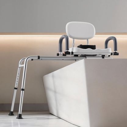Sliding Shower Chair, 180 kg Tub Transfer Bench for Bathtub with Swivel Seat, Shower Bench with Pivoting Arms and Backrest, Height & Width Adjustable for Handicap, Seniors, Elderly and Disabled