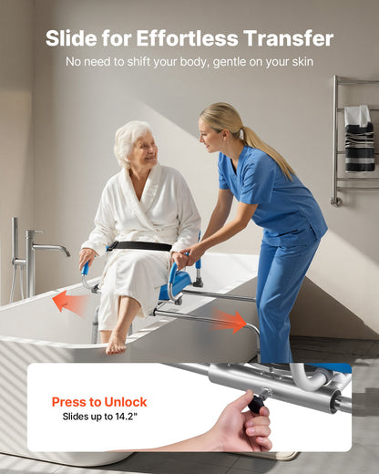 Sliding Shower Chair, 150 kg Tub Transfer Bench for Bathtub with Swivel Seat, Padded Shower Bench with Pivoting Arms and Backrest, Height Adjustable for Handicap, Seniors, Elderly and Disabled