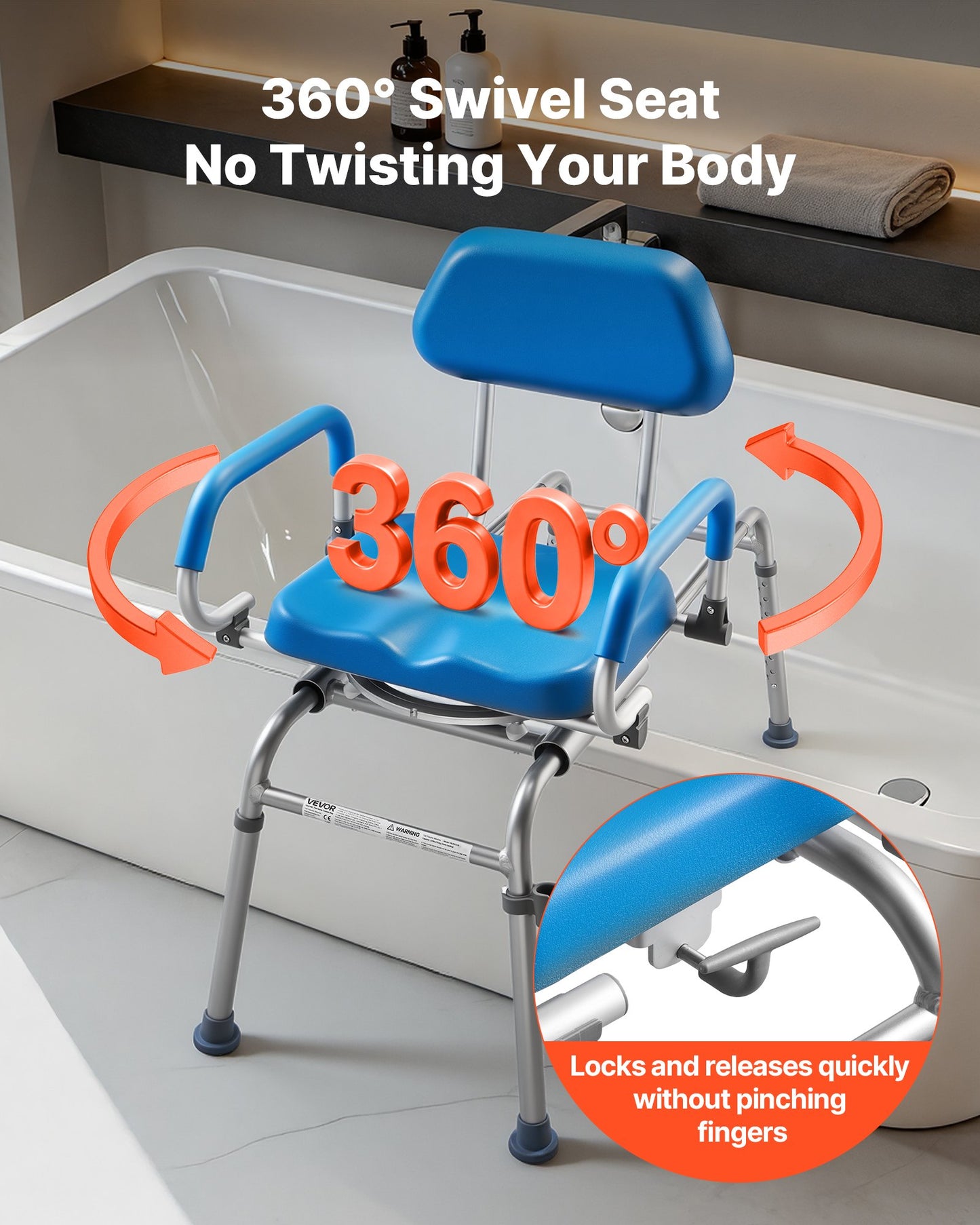 Sliding Shower Chair, 150 kg Tub Transfer Bench for Bathtub with Swivel Seat, Padded Shower Bench with Pivoting Arms and Backrest, Height Adjustable for Handicap, Seniors, Elderly and Disabled