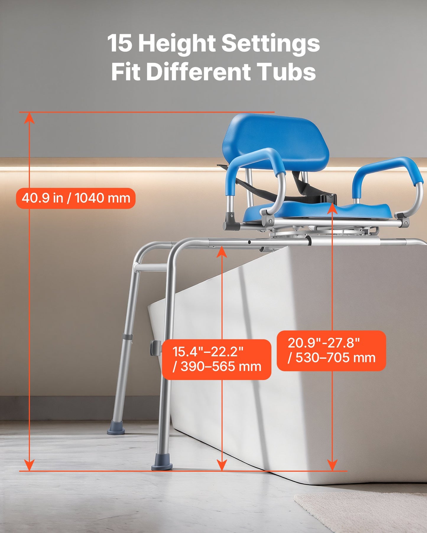 Sliding Shower Chair, 150 kg Tub Transfer Bench for Bathtub with Swivel Seat, Padded Shower Bench with Pivoting Arms and Backrest, Height Adjustable for Handicap, Seniors, Elderly and Disabled