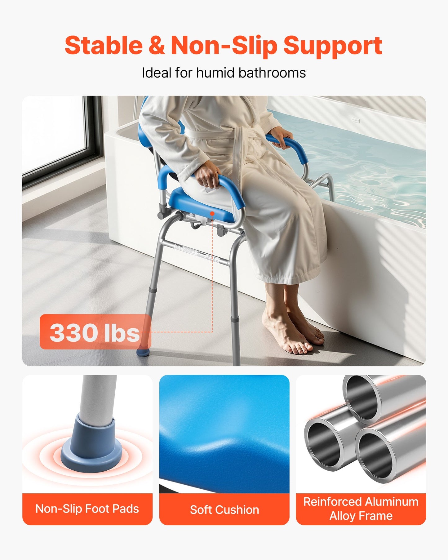 Sliding Shower Chair, 150 kg Tub Transfer Bench for Bathtub with Swivel Seat, Padded Shower Bench with Pivoting Arms and Backrest, Height Adjustable for Handicap, Seniors, Elderly and Disabled