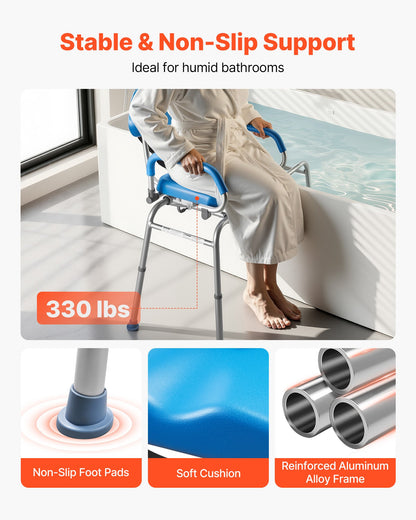 Sliding Shower Chair, 150 kg Tub Transfer Bench for Bathtub with Swivel Seat, Padded Shower Bench with Pivoting Arms and Backrest, Height Adjustable for Handicap, Seniors, Elderly and Disabled
