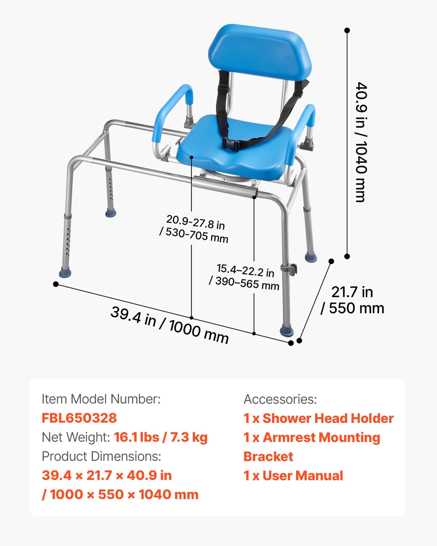 Sliding Shower Chair, 150 kg Tub Transfer Bench for Bathtub with Swivel Seat, Padded Shower Bench with Pivoting Arms and Backrest, Height Adjustable for Handicap, Seniors, Elderly and Disabled
