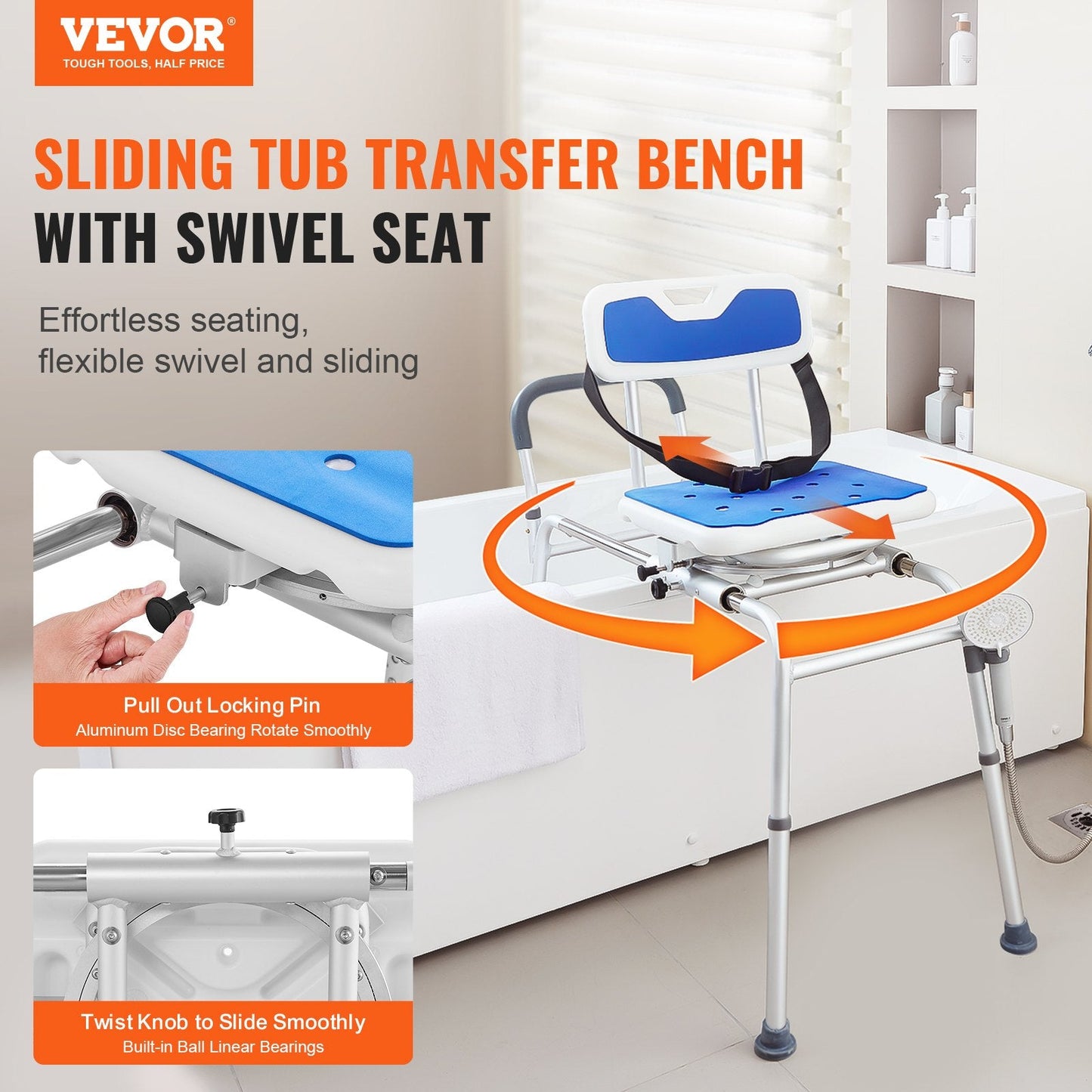 Sliding Tub Transfer Bench with Swivel Seat, 180 kg Capacity, Adjustable Height