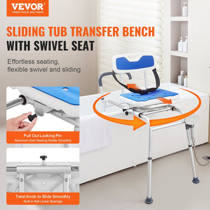 Sliding Tub Transfer Bench with Swivel Seat, 180 kg Capacity, Adjustable Height