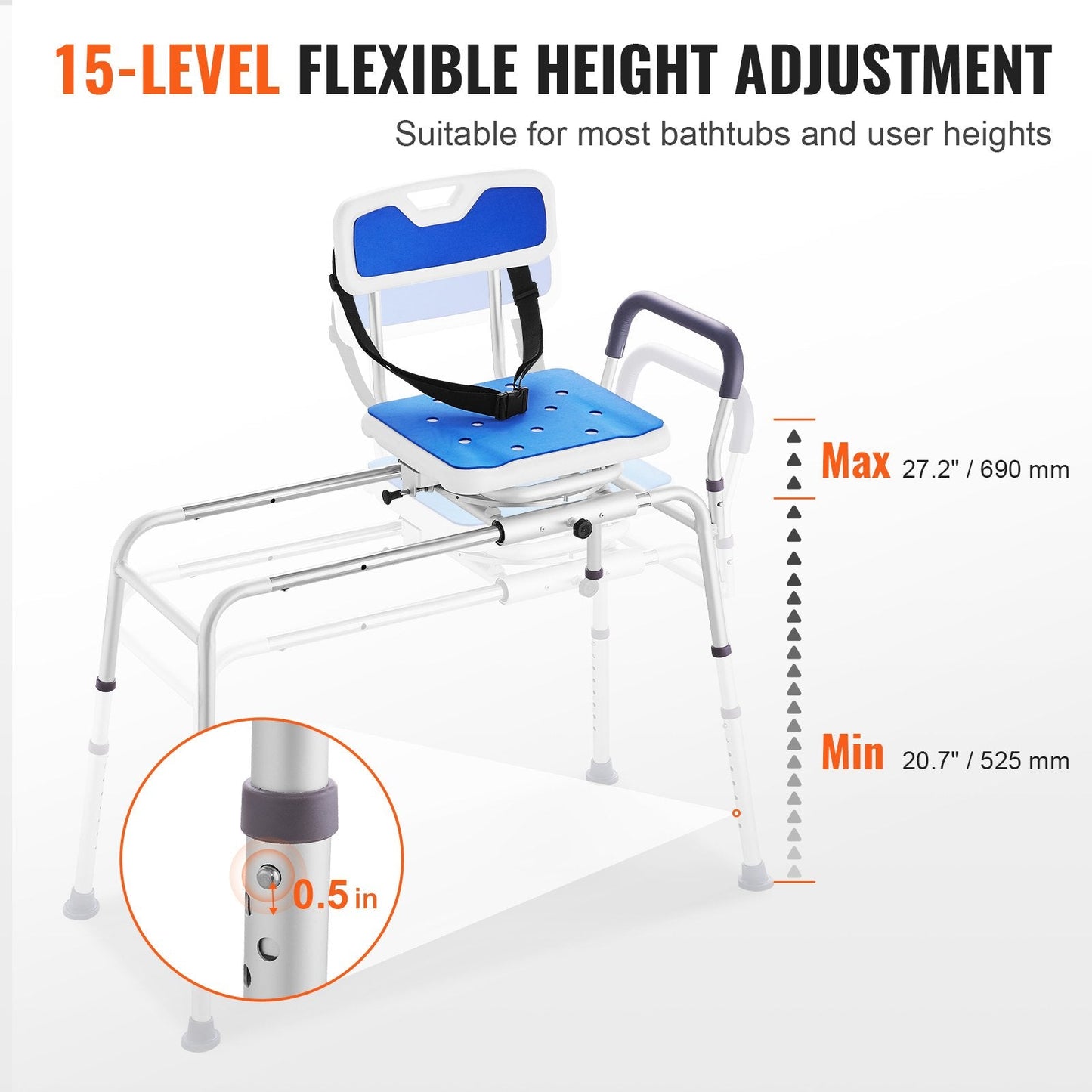 Sliding Tub Transfer Bench with Swivel Seat, 180 kg Capacity, Adjustable Height