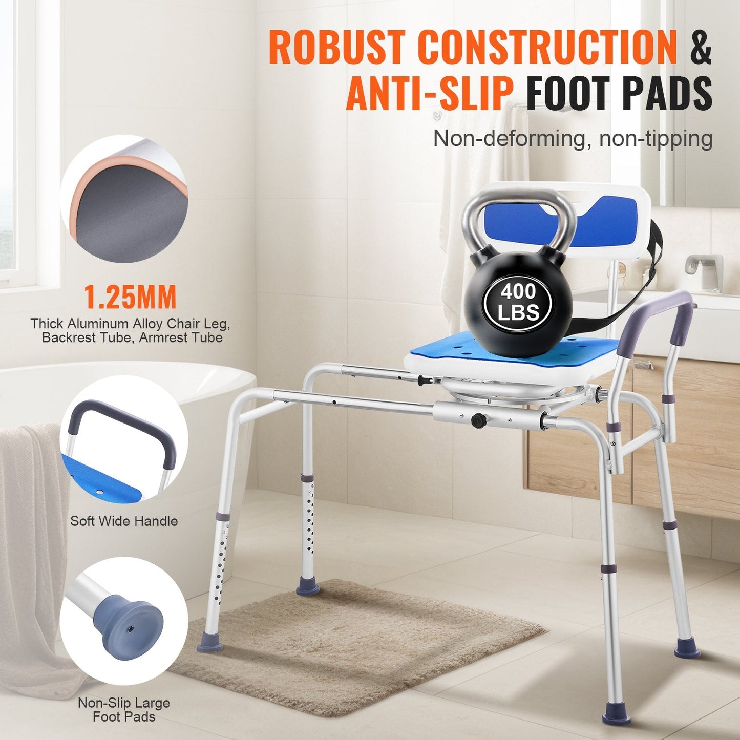 Sliding Tub Transfer Bench with Swivel Seat, 180 kg Capacity, Adjustable Height