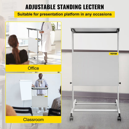 Adjustable Height Mobile Podium Lectern with Storage Shelf, White, 103-135 cm