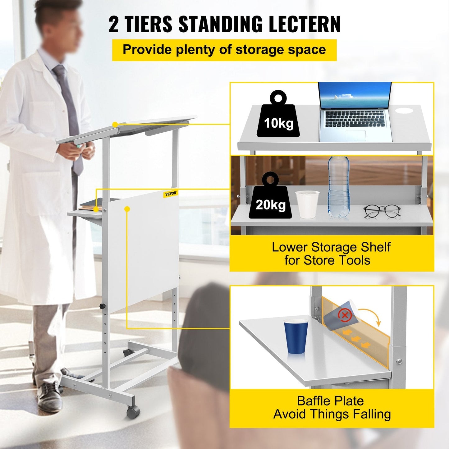 Adjustable Height Mobile Podium Lectern with Storage Shelf, White, 103-135 cm