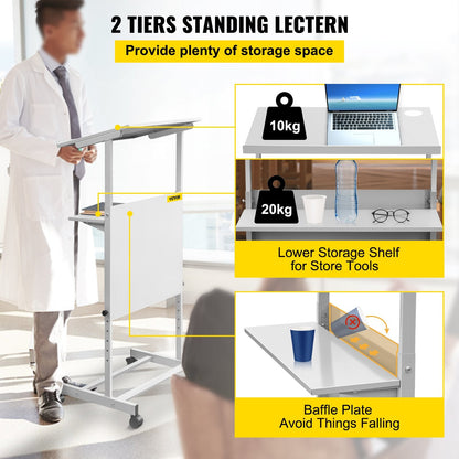 Adjustable Height Mobile Podium Lectern with Storage Shelf, White, 103-135 cm