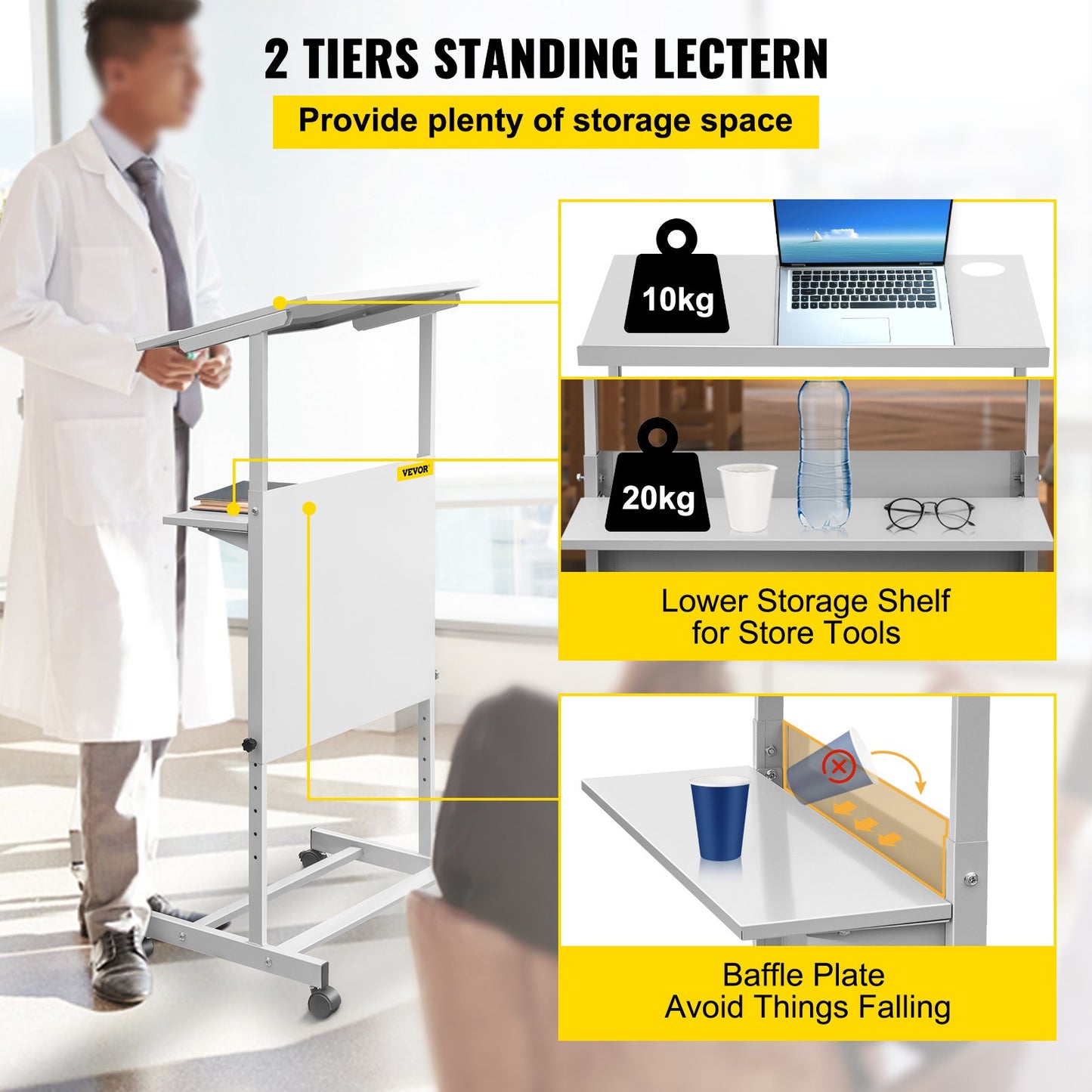 VEVOR Podium Lectern Presentation Lectern Standing Height Adjustment Mobile Desk