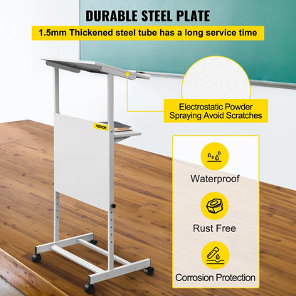 Adjustable Height Mobile Podium Lectern with Storage Shelf, White, 103-135 cm