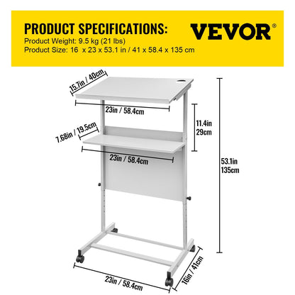 Adjustable Height Mobile Podium Lectern with Storage Shelf, White, 103-135 cm