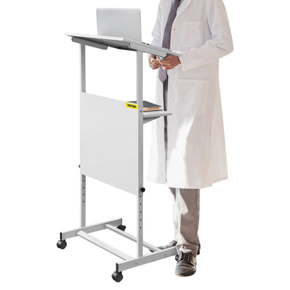 Adjustable Height Mobile Podium Lectern with Storage Shelf, White, 103-135 cm