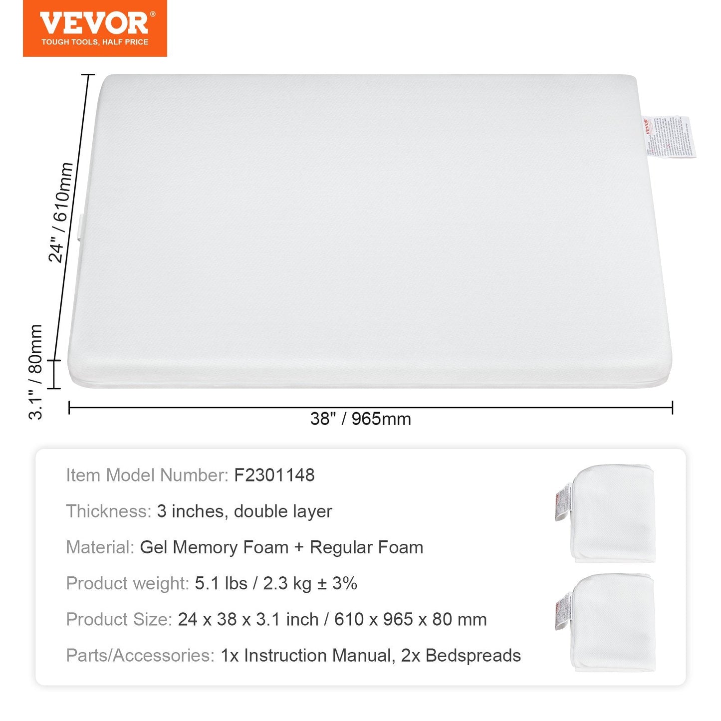 Two-Sided Breathable Crib Mattress with Memory Foam, 0.6x1.0 M, Waterproof Covers