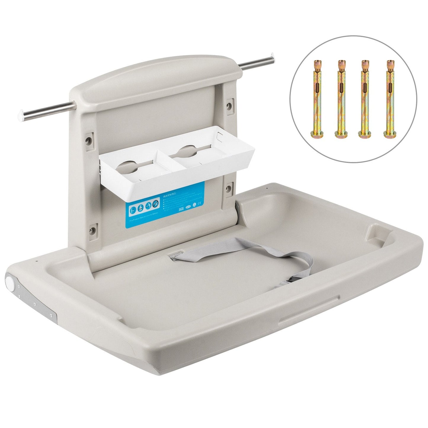 Wall-Mounted Baby Changing Station, Foldable with Safety Belt, Gray, HDPE
