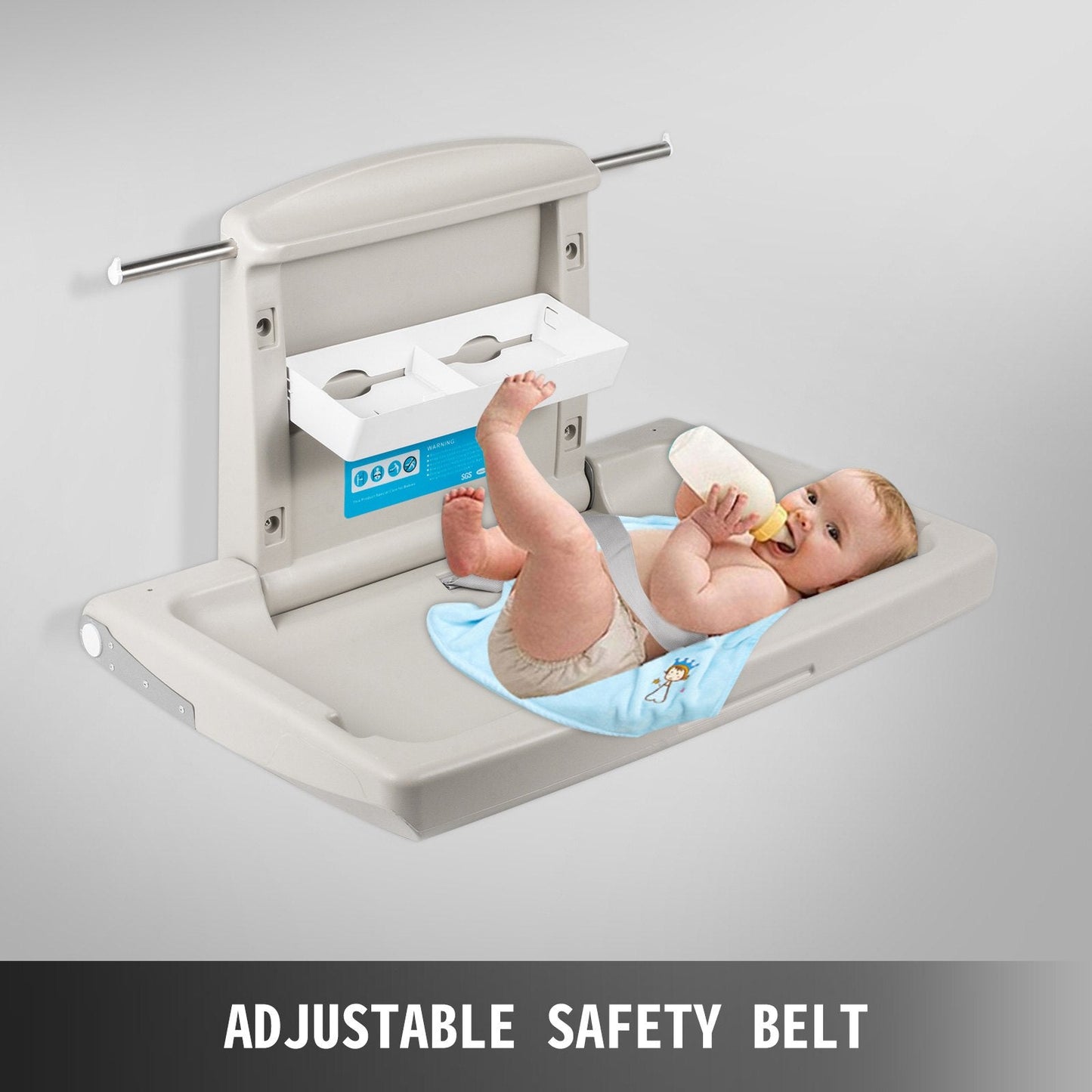 Wall-Mounted Baby Changing Station, Foldable with Safety Belt, Gray, HDPE