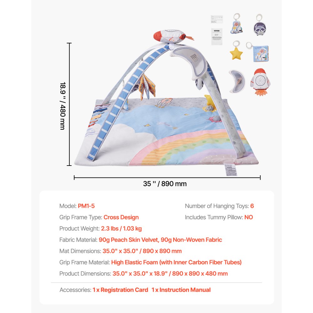 VEVOR Baby Play Gym Mat Tummy Time Activity Mat with 6 Sensory Toy 35.0" x 35.0"
